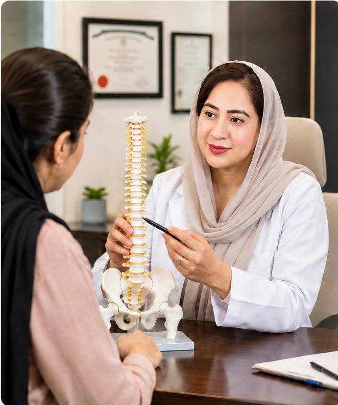 Dr. Sana Arshad explaining a spine model to a patient during a consultation